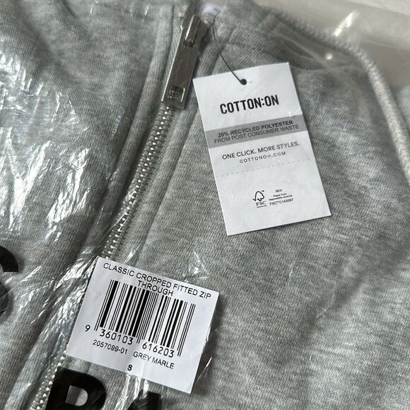 COTTON ON Crop Cotton Blend Zip-Up Hoodie Heather Grey  SP NWT in packaging - Picture 5 of 6